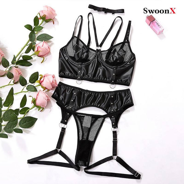 Plus Size Sexy Lingerie Set | PU Leather Corset with Fishnet Bodysuit and Transparent Costume