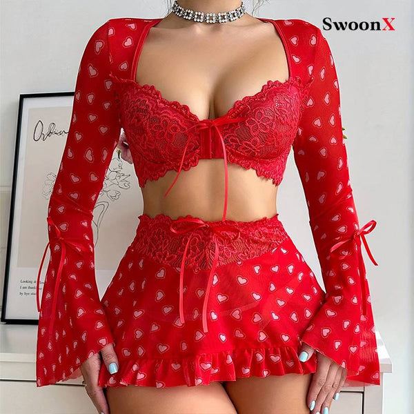 Red Sheer Sexy Heart-Shaped Bra Mini Skirt & Thong Set