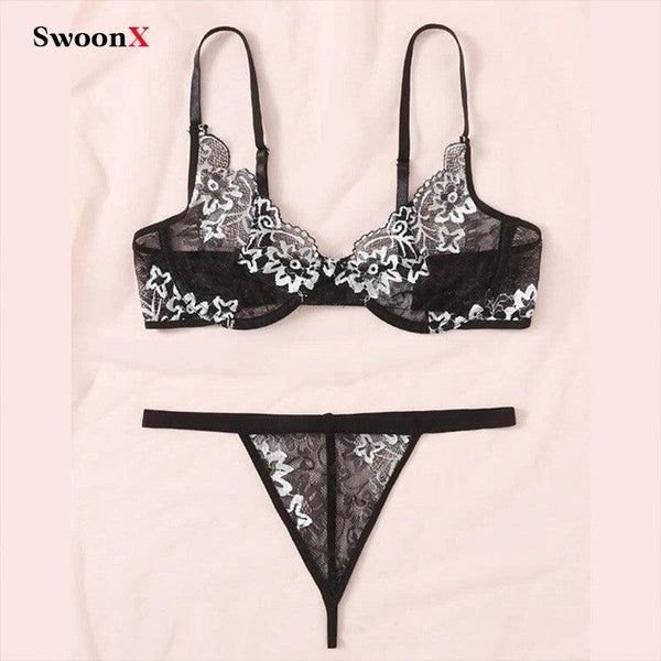 French-Inspired Black Lace Cutout Lingerie Set with Underwire