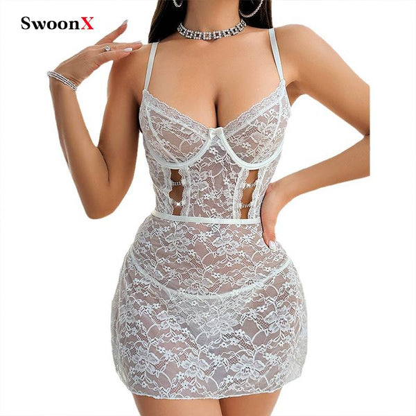 Sheer Lace Lingerie Set with T-Back Thong for Women