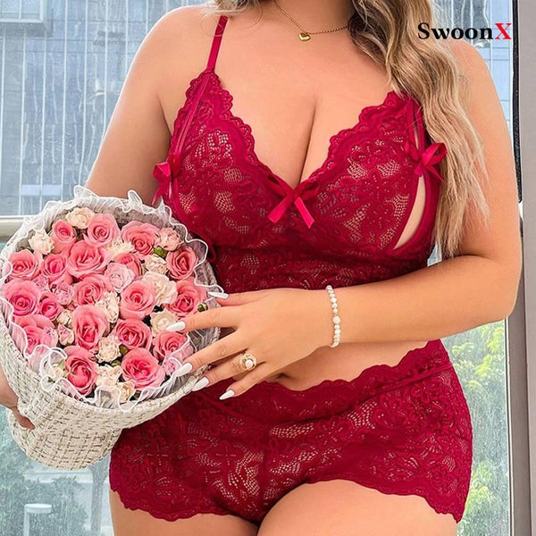 Plus Size Sexy Lace Lingerie Set with T-Back Thong